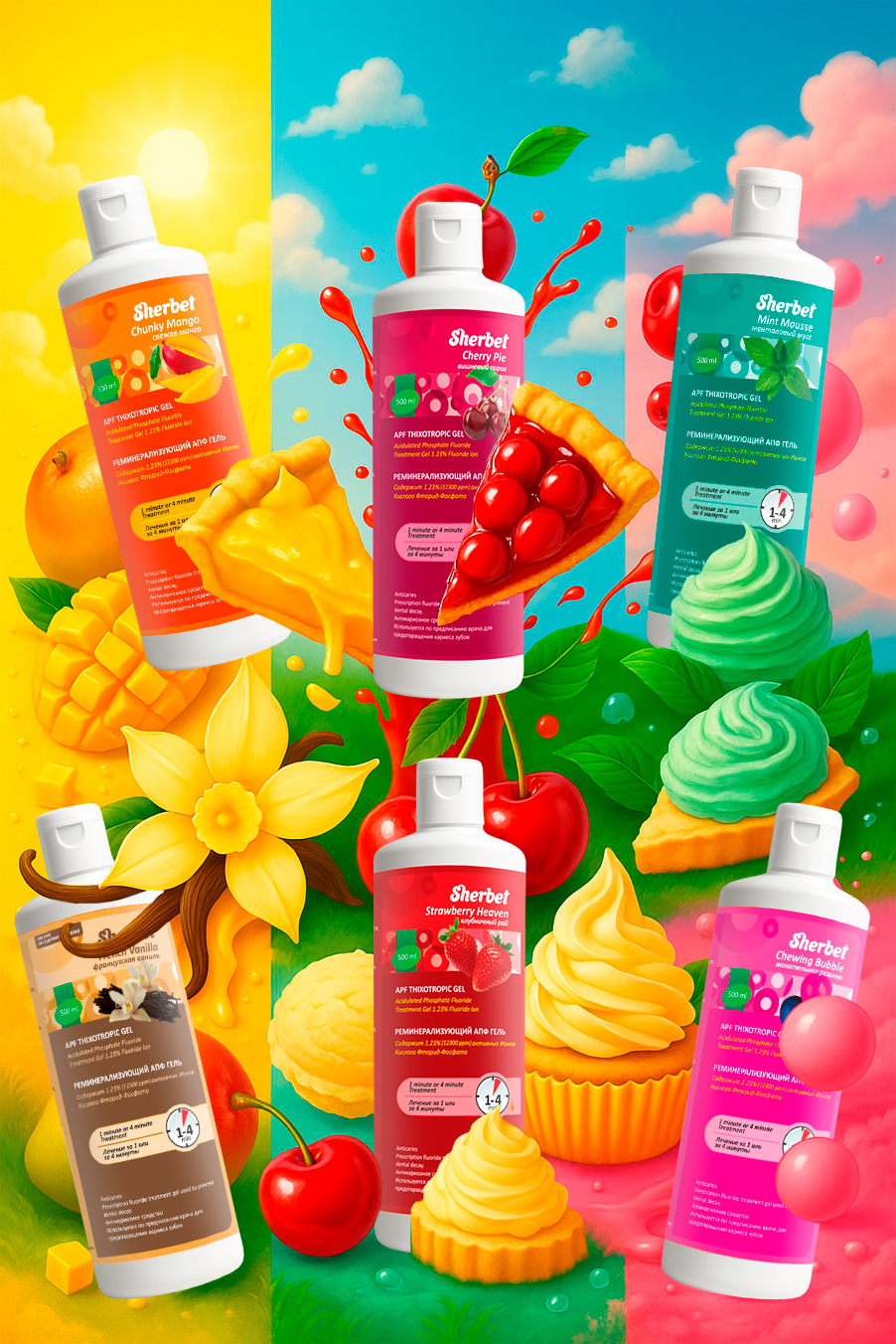Реминерализующий АПФ гель Sherbet APF Thixotropic Gel; Вкус Вишневый пирог (Cherry Pie); объем 500 мл