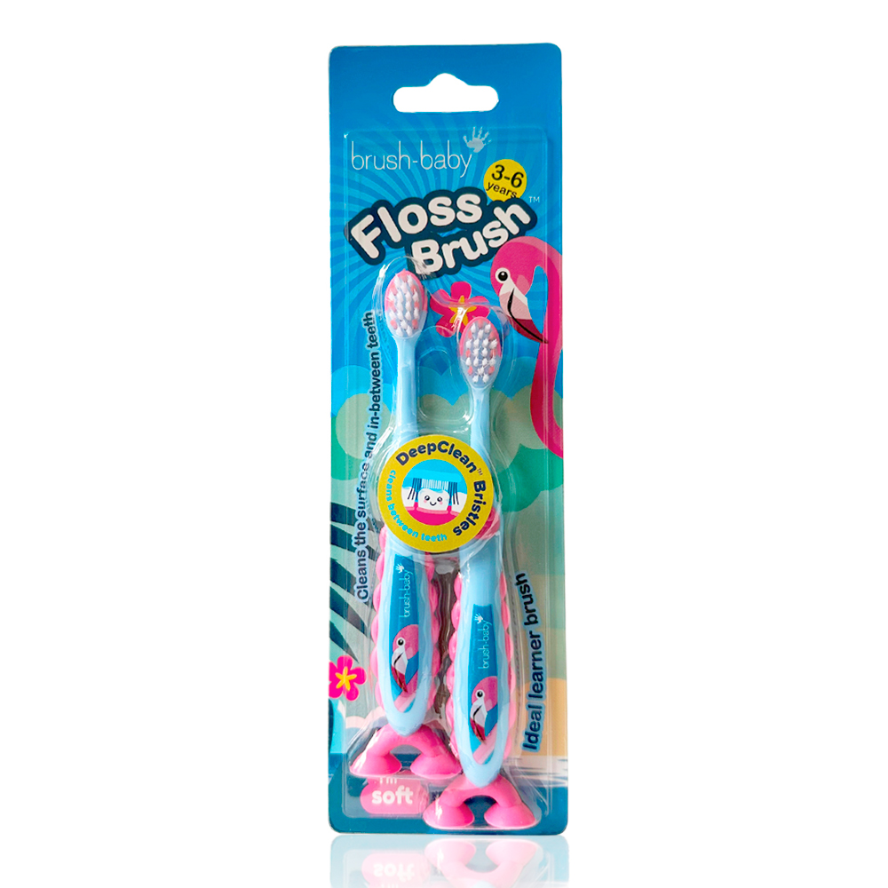 Brush Baby - Щетка зубная детская (3 - 6 лет) FlossBrush (фламинго), 2 шт/ упак.