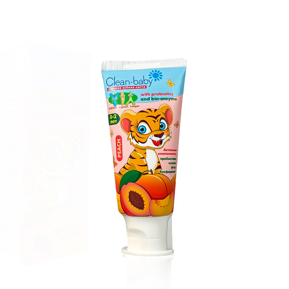 Clean- baby - Паста зубная детская (0-2 лет) 50 мл (Peach) + ПОДАРОК "Салфетка детская для зубов и ротовой полости с ксилитом Dental Wipes FAZZET organic, от 0+"