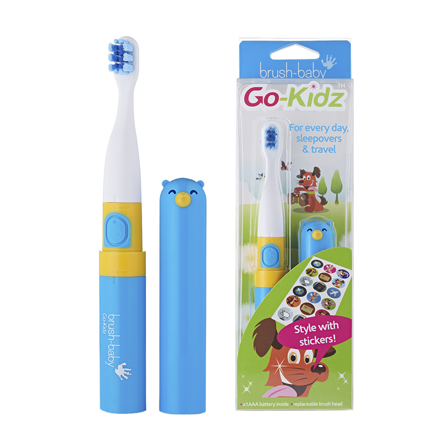 Brush-Baby Go-Kidz Blue детская электрическая зубная щетка с наклейками, от 3 лет, голубая