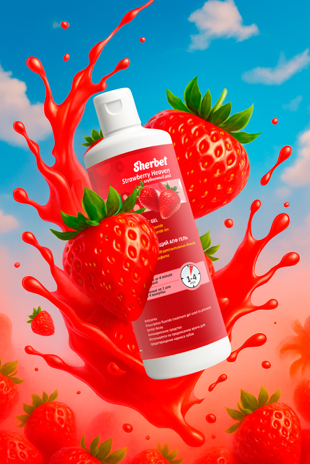 Реминерализующий АПФ гель Sherbet APF Thixotropic Gel; Вкус Клубничный рай (Strawberry Heaven); объем 500 мл