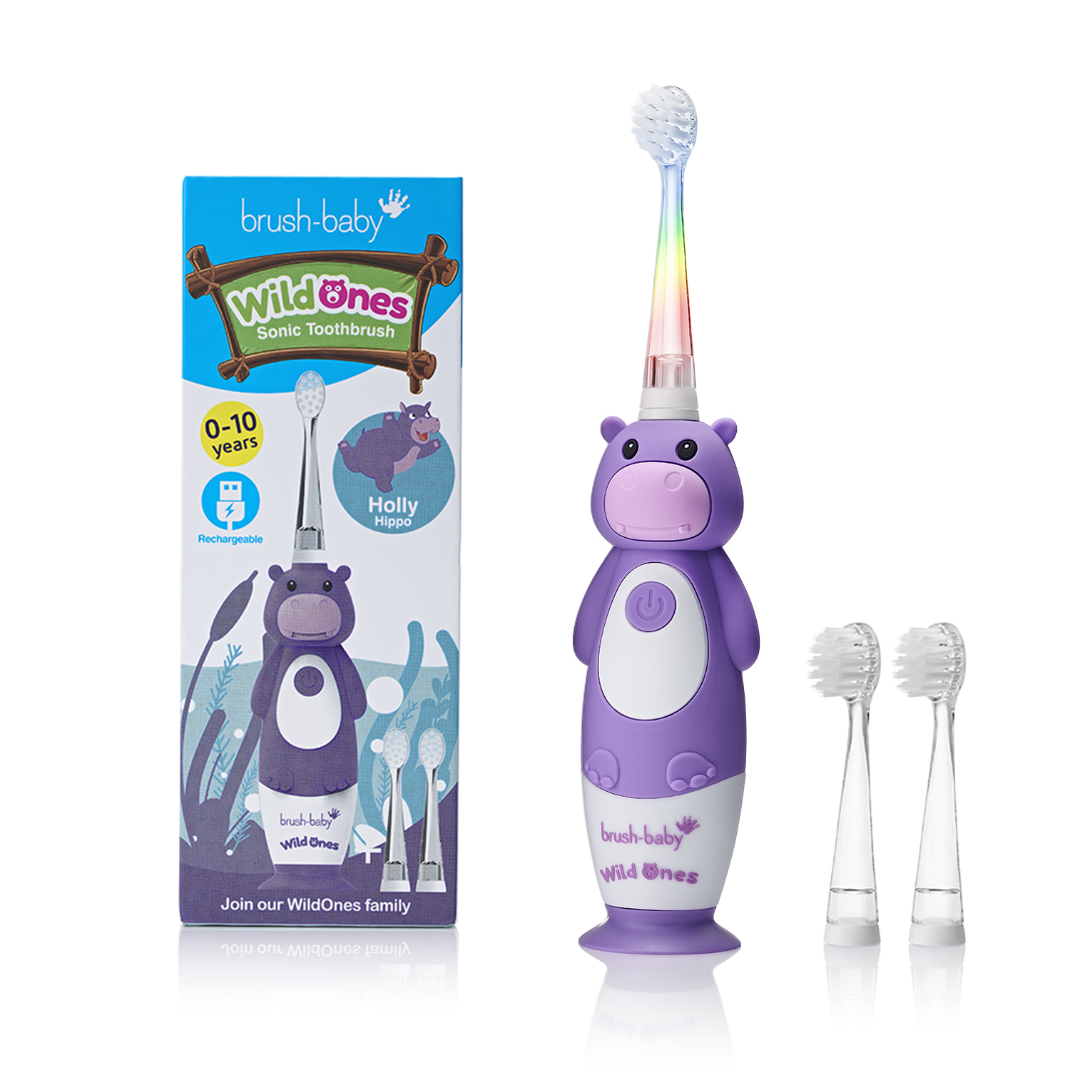 Brush-baby Детская электрическая зубная щетка Sonic WildOne, бегемот, от 0- 10 лет.