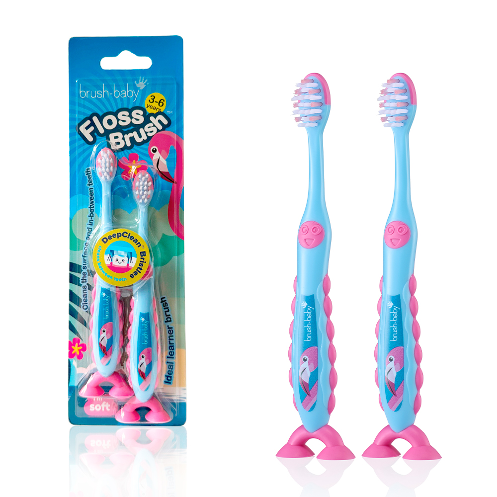 Brush Baby - Щетка зубная детская (3 - 6 лет) FlossBrush (фламинго), 2 шт/ упак.