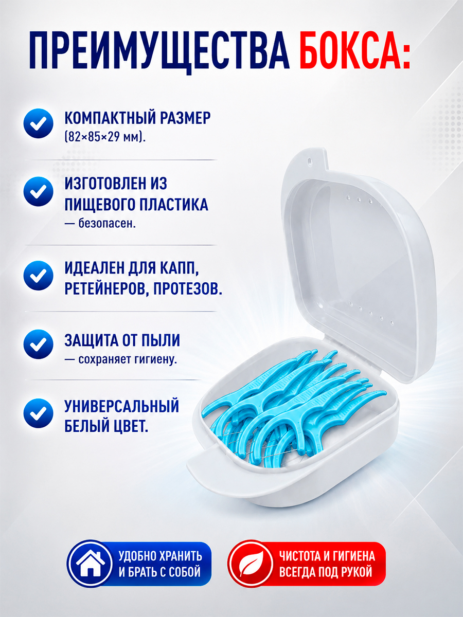 Зубная нить + зубочистка 2 в 1 (Флоссеры), 14 шт. + Plastic Box - Бокс пластиковый 82*85*29, белый