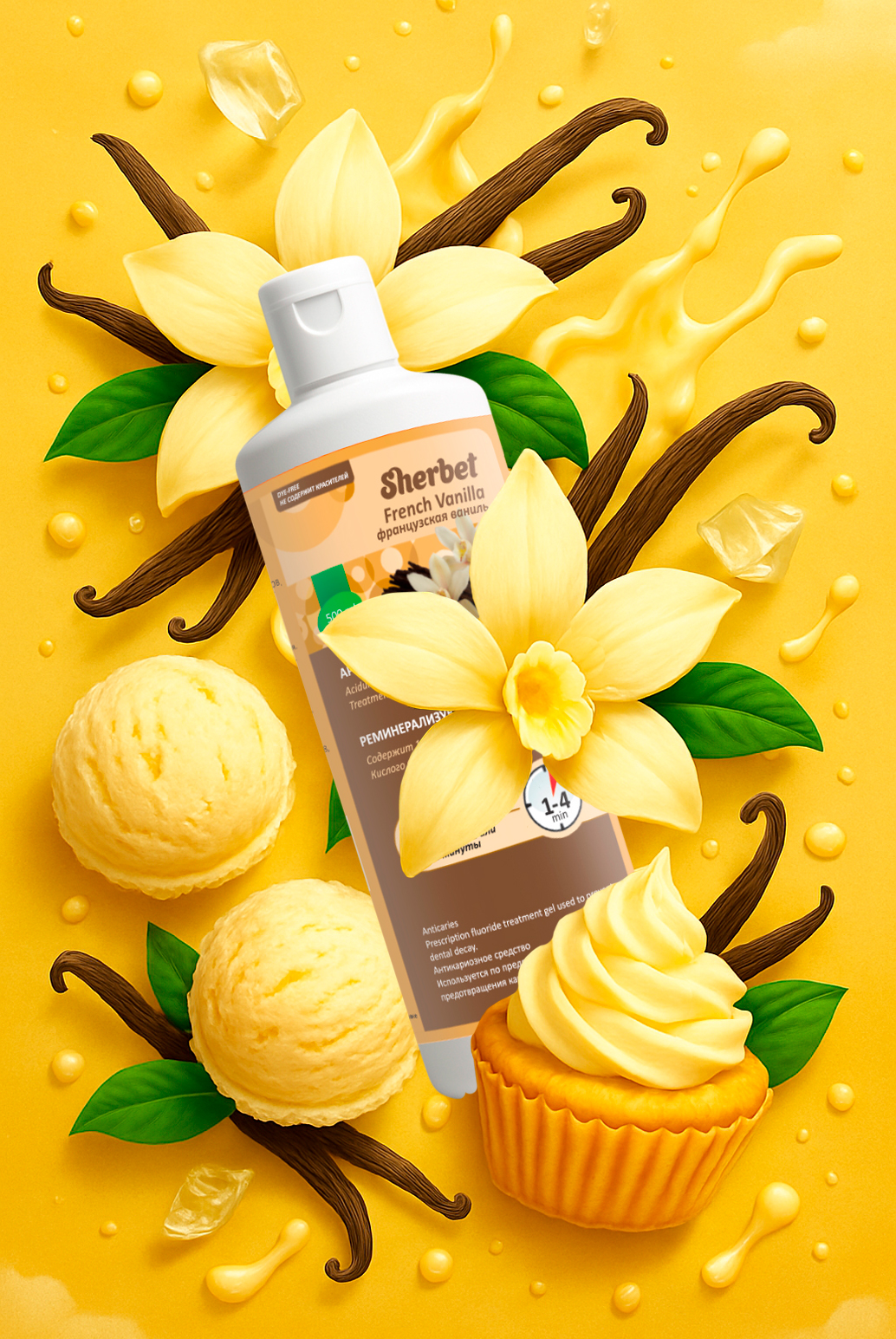 Реминерализующий АПФ гель Sherbet APF Thixotropic Gel; Вкус Французская Ваниль, без красителя (French Vanilla, Dye-Free); объем 500 мл.