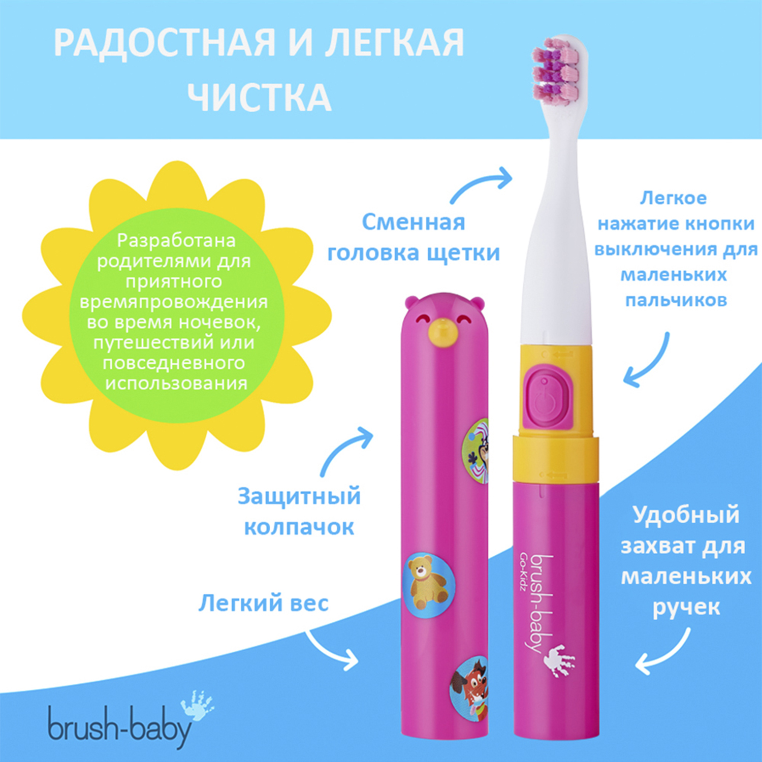 Brush-Baby Go-Kidz Pink детская электрическая зубная щетка (розовая) с наклейками. От 3 лет.