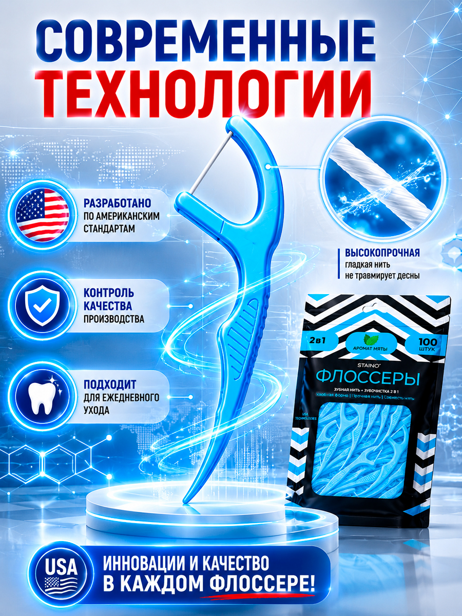 Зубная нить + зубочистка 2 в 1 (Флоссеры), 100 шт. + ПОДАРОК Plastic Box - Бокс пластиковый 82*85*29, белый
