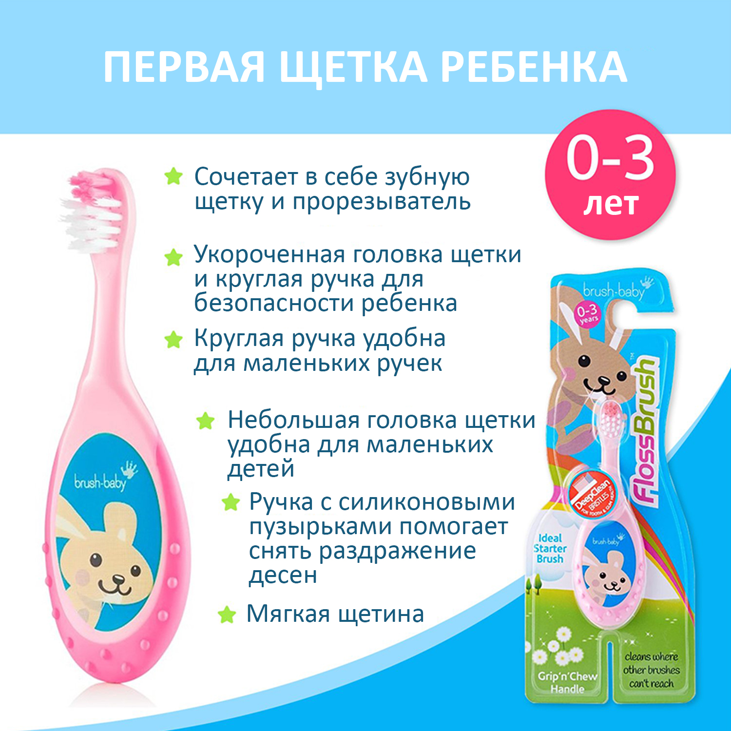 NEW Brush Baby - Щетка зубная детская (0 - 3 лет) FlossBrush (розовая)
