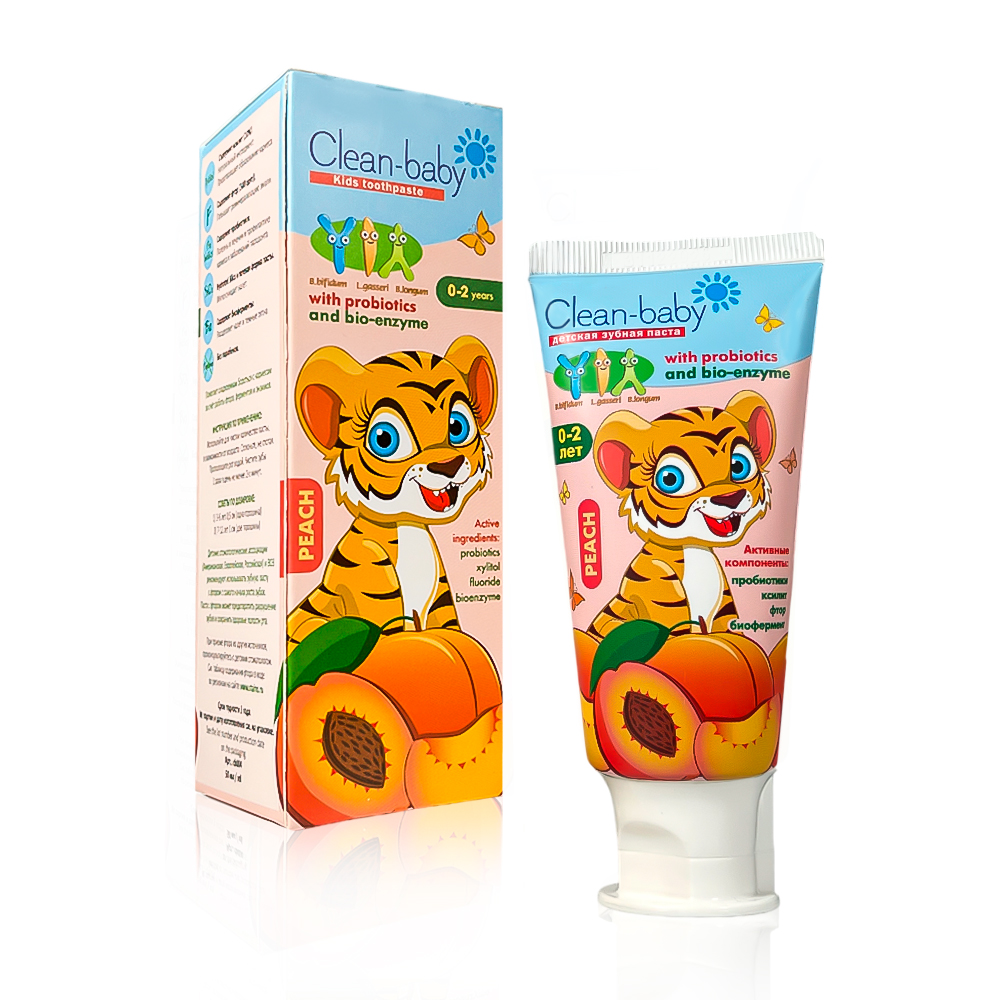 Clean- baby - Паста зубная детская (0-2 лет) 50 мл (Peach) + ПОДАРОК "Салфетка детская для зубов и ротовой полости с ксилитом Dental Wipes FAZZET organic, от 0+"