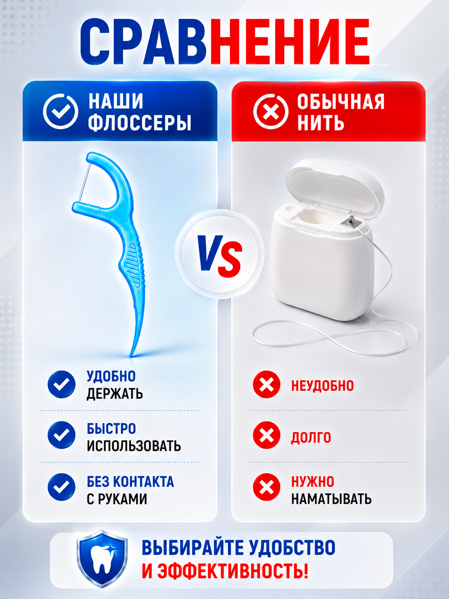 Зубная нить + зубочистка 2 в 1 (Флоссеры), 100 шт. + ПОДАРОК Plastic Box - Бокс пластиковый 82*85*29, белый